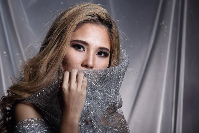 La señora en fondo de la estrella con cubre la tela de plata gris ha del brillo fotos de archivo La señora en fondo de la estrella con cubre la tela de plata gris ha del brillo fotos de archivo