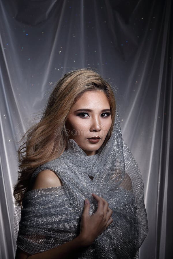 La señora en fondo de la estrella con cubre la tela de plata gris ha del brillo imagenes de archivo La señora en fondo de la estrella con cubre la tela de plata gris ha del brillo imagenes de archivo
