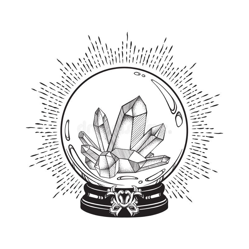 La sfera di cristallo magica disegnata a mano con la linea arte e punto delle gemme funziona Illustra elegante di vettore di prog