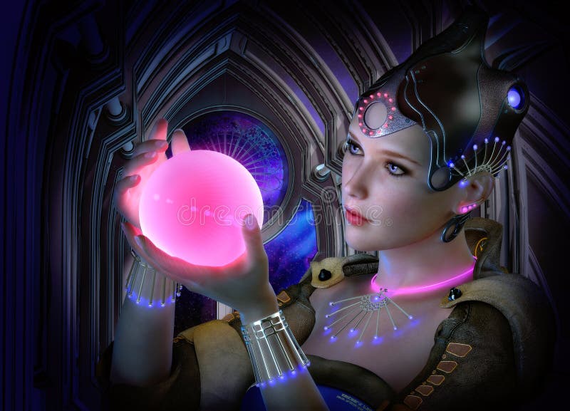 3D computer graphics of a portrait of a woman with clothing and jewelry in science fiction style and a glowing ball in her hand. 3D computer graphics of a portrait of a woman with clothing and jewelry in science fiction style and a glowing ball in her hand