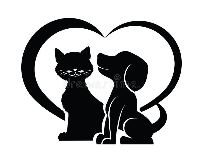 La silueta del perro y del gato en un corazón forma