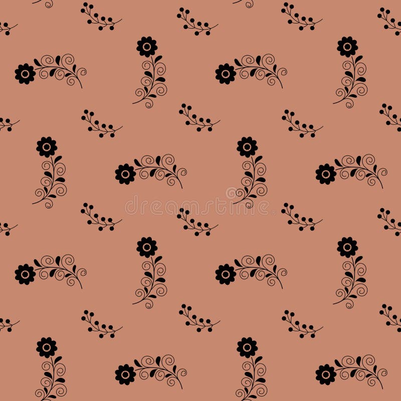La silueta inconsútil del negro del estampado de flores florece bayas de la ramita en el fondo del color de la cereza, tela stock de ilustración La silueta inconsútil del negro del estampado de flores florece bayas de la ramita en el fondo del color de la cereza, tela stock de ilustración