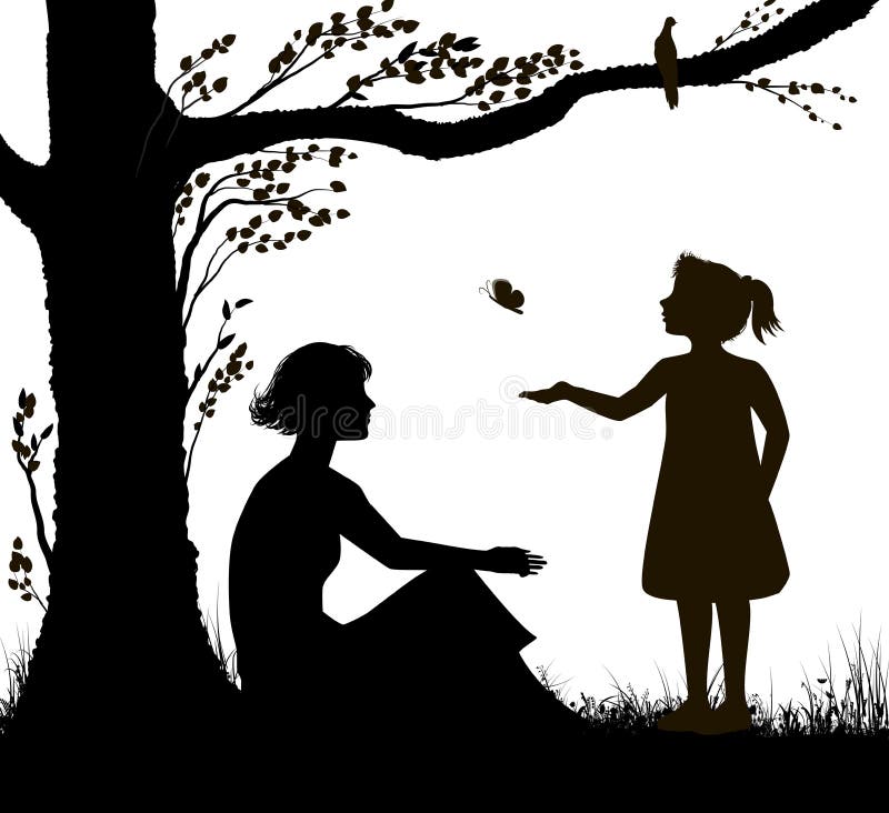 La silueta madre e hija, la joven mujer estÃ¡ sentada debajo del Ã¡rbol y la chica estÃ¡ tratando de atrapar mariposa, familia