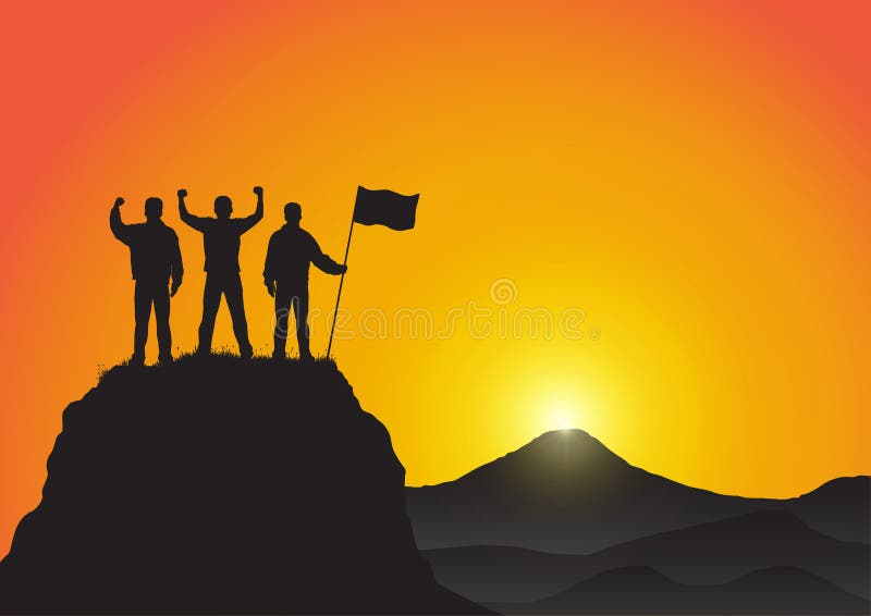 La siluetta degli uomini sopra la montagna con i pugni si è alzata su e tenendo la bandiera, successo, risultato, vittoria e conc illustrazione di stock La siluetta degli uomini sopra la montagna con i pugni si è alzata su e tenendo la bandiera, successo, risultato, vittoria e conc illustrazione di stock