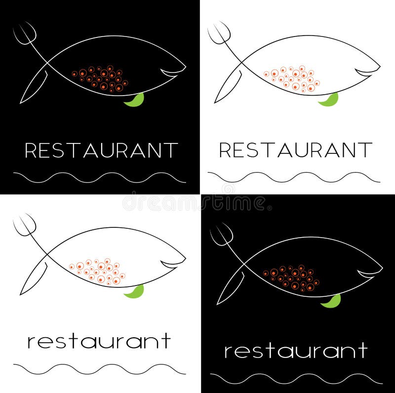 La siluetta del pesce da un coltello e la forcella con il caviale pescano, caviale, logo del minimalista del ristorante illustrazione vettoriale La siluetta del pesce da un coltello e la forcella con il caviale pescano, caviale, logo del minimalista del ristorante illustrazione vettoriale