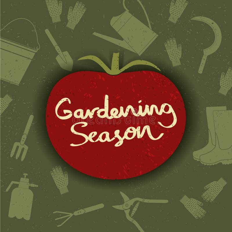 La siluetta del pomodoro con la mano ha schizzato l'iscrizione di giardinaggio di stagione Illustrazione di vettore royalty illustrazione gratis La siluetta del pomodoro con la mano ha schizzato l'iscrizione di giardinaggio di stagione Illustrazione di vettore royalty illustrazione gratis