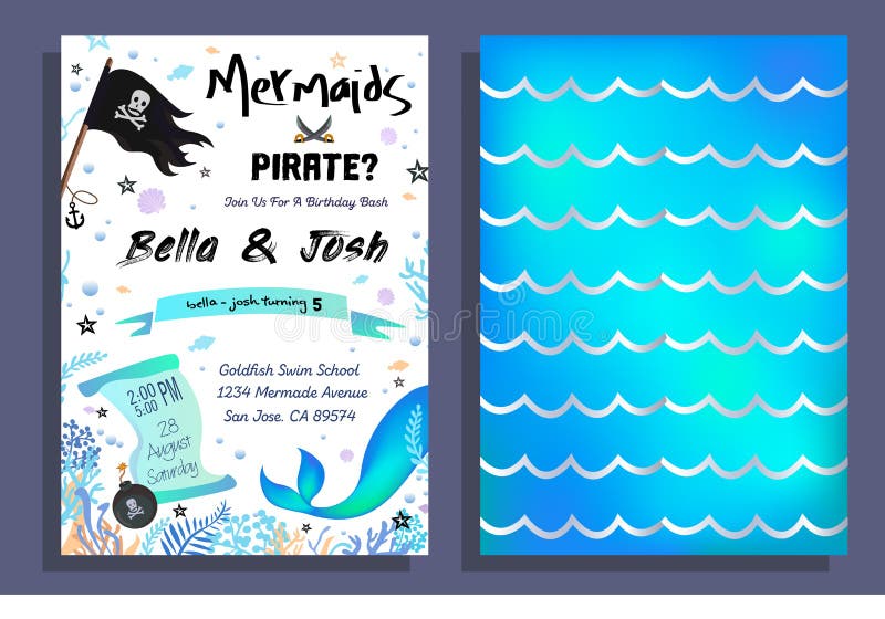 La sirena y el pirata van de fiesta la invitación con el fondo olográfico, ilustración del vector La sirena y el pirata van de fiesta la invitación con el fondo olográfico, ilustración del vector