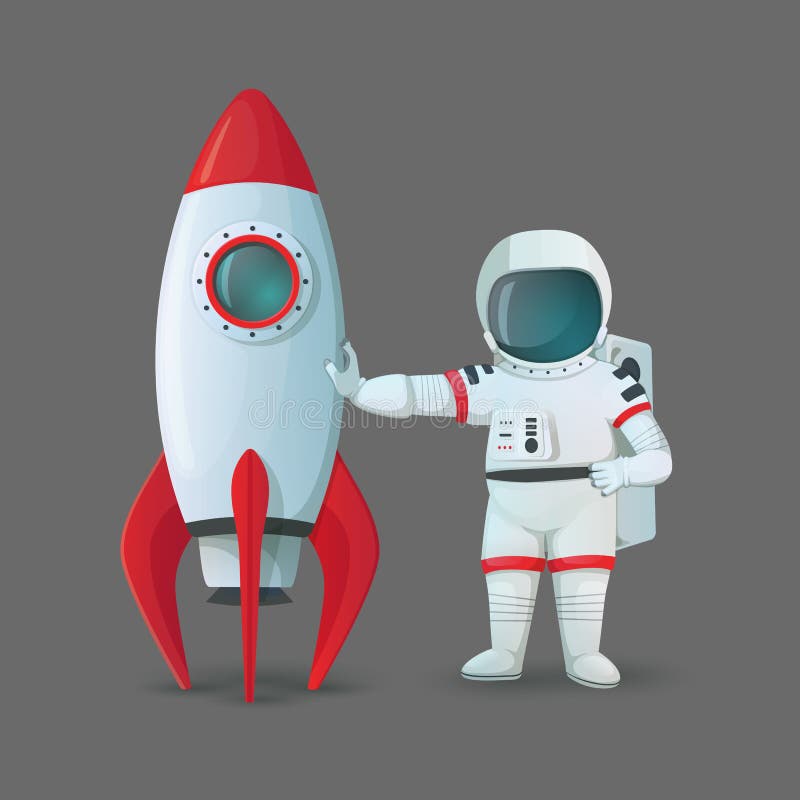 La situación del astronauta cerca de la nave del cohete y el tacto de ella aislaron en un fondo gris stock de ilustración La situación del astronauta cerca de la nave del cohete y el tacto de ella aislaron en un fondo gris stock de ilustración