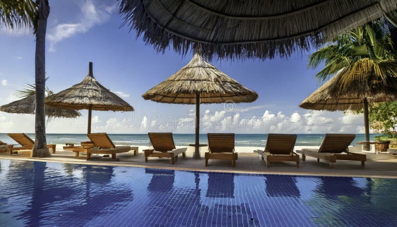 La situation au bord de la piscine. Parasols en bois sous les parasols en chaume illustration stock