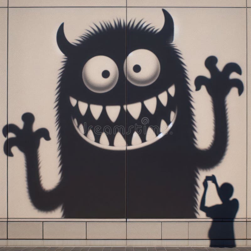 La sombra de un monstruo alegre en la pared. imagenes de archivo