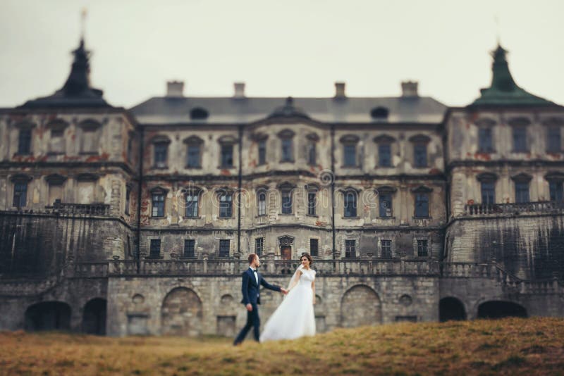 La sposa e lo sposo camminano lungo il prato inglese giallo nella parte anteriore di un ol immagine stock La sposa e lo sposo camminano lungo il prato inglese giallo nella parte anteriore di un ol immagine stock