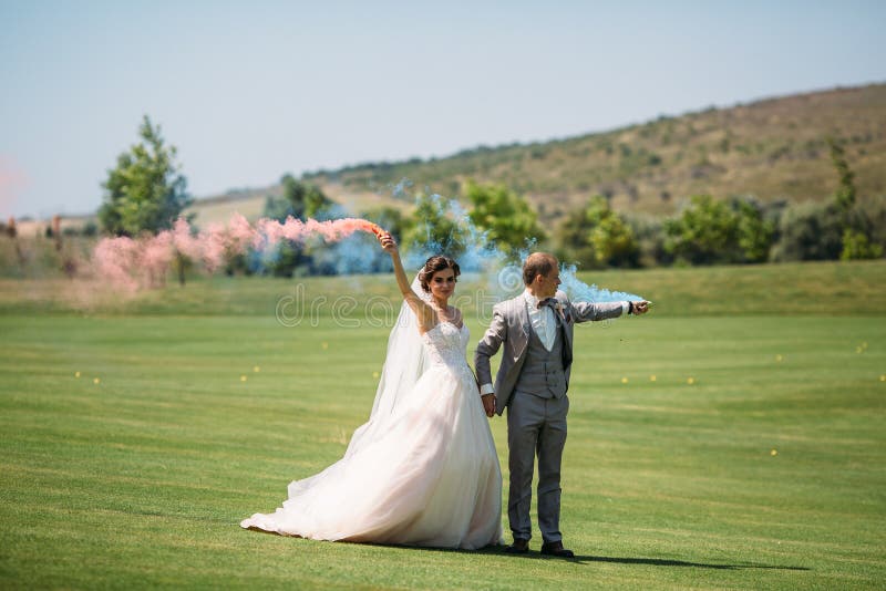La sposa e lo sposo con le bombe fumogene su un campo con erba verde Persone appena sposate che camminano all'aperto al giorno de immagini stock La sposa e lo sposo con le bombe fumogene su un campo con erba verde Persone appena sposate che camminano all'aperto al giorno de immagini stock