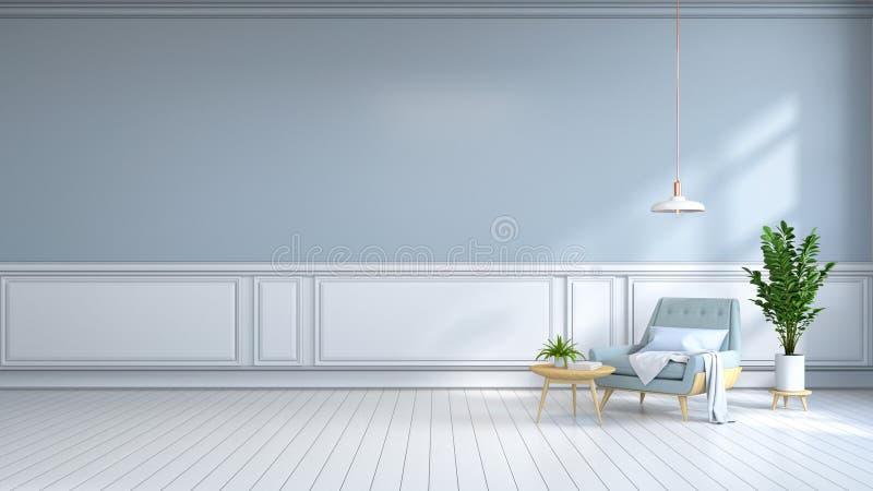 La stanza interna minimalista, la poltrona blu-chiaro sulla pavimentazione bianca e la parete blu-chiaro /3d rendono illustrazione vettoriale