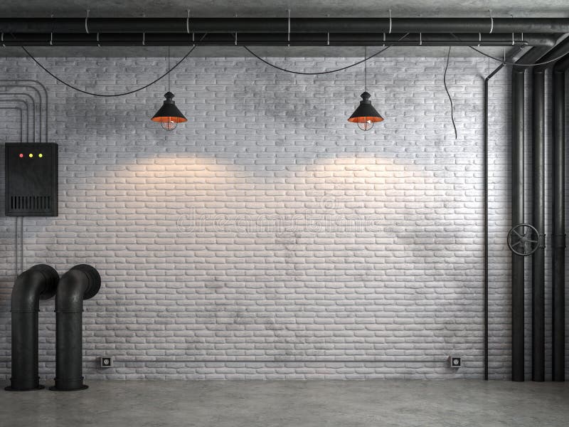 La stanza vuota di stile industriale del sottotetto con il muro di mattoni bianco 3d rende illustrazione vettoriale
