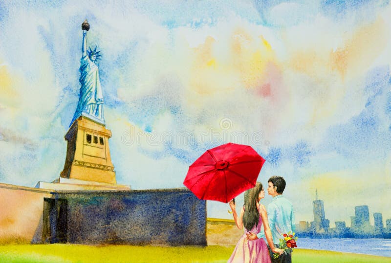 La statua della libertà, pittura dell'acquerello illustrazione di stock La statua della libertà, pittura dell'acquerello illustrazione di stock