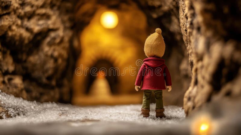 La statuina che esplora misteriosi tunnel con un bagliore caldo e un inferno per pavimenti ghiacciati si congela durante il giorno royalty illustrazione gratis