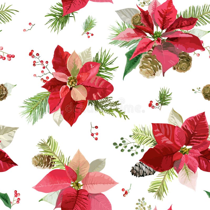 La stella di Natale d'annata fiorisce il fondo - modello senza cuciture di Natale illustrazione di stock La stella di Natale d'annata fiorisce il fondo - modello senza cuciture di Natale illustrazione di stock