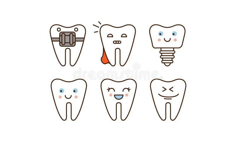 La stomatologie et la ligne dentaire ensemble d'icônes, les dents mignonnes avec différentes expressions du visage dirigent l'ill illustration stock La stomatologie et la ligne dentaire ensemble d'icônes, les dents mignonnes avec différentes expressions du visage dirigent l'ill illustration stock