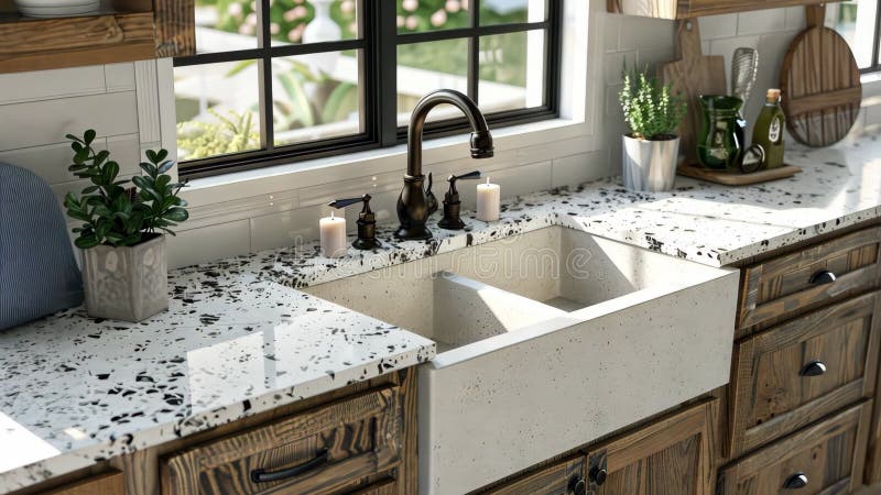 La superbe cuisine présente un lavabo spacieux à deux corps de ferme élégant et une atmosphère lumineuse de la nature illustration stock