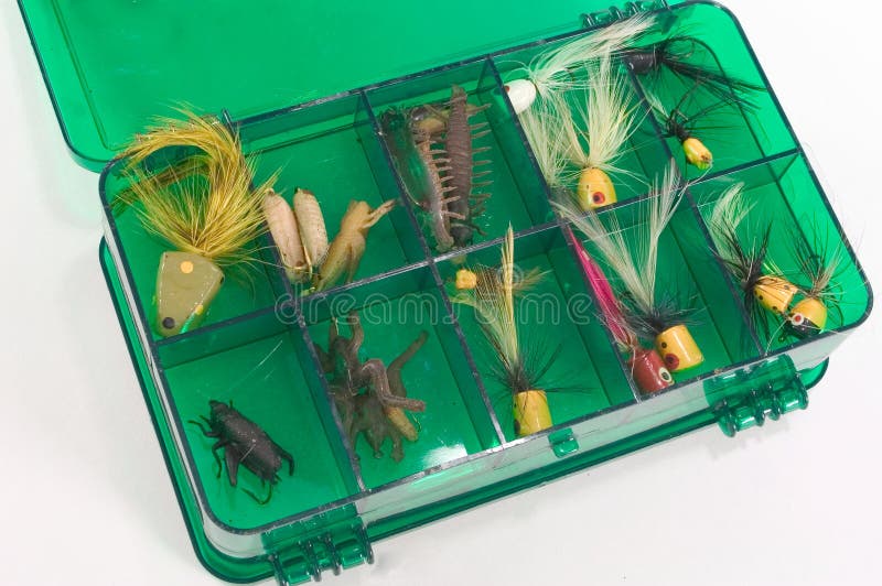 An assortment of surface (poppers) and artificial lifelike lures for fly fishing, mostly used for panfish. An assortment of surface (poppers) and artificial lifelike lures for fly fishing, mostly used for panfish.