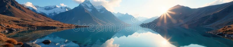 La surface de verre cachée du tarn de montagne reflète les pics de voyage glaciaire illustration libre de droits