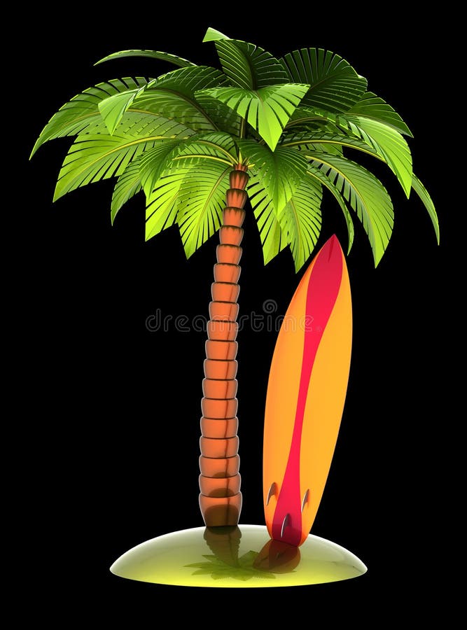La tabla hawaiana y la palmera en la playa de la isla estilizaron en negro stock de ilustración La tabla hawaiana y la palmera en la playa de la isla estilizaron en negro stock de ilustración