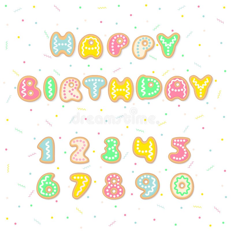 La tarjeta de felicitación del feliz cumpleaños con las galletas de la historieta pone letras a formar las palabras y los números ilustración del vector La tarjeta de felicitación del feliz cumpleaños con las galletas de la historieta pone letras a formar las palabras y los números ilustración del vector
