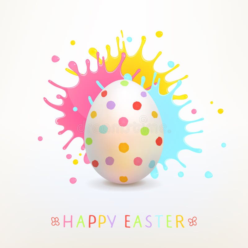 La tarjeta de felicitación de Pascua con el huevo pintado y la pintura brillante salpica stock de ilustración La tarjeta de felicitación de Pascua con el huevo pintado y la pintura brillante salpica stock de ilustración