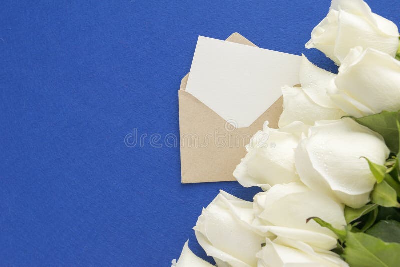 La tarjeta de felicitación vacía en sobre abierto con la rosa del blanco florece en fondo azul Opinión de ángulo superior Invitac imagen de archivo libre de regalías La tarjeta de felicitación vacía en sobre abierto con la rosa del blanco florece en fondo azul Opinión de ángulo superior Invitac imagen de archivo libre de regalías