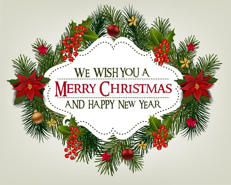 La tarjeta de Navidad con el abeto ramifica las bayas del acebo y EL decorativo stock de ilustración La tarjeta de Navidad con el abeto ramifica las bayas del acebo y EL decorativo stock de ilustración