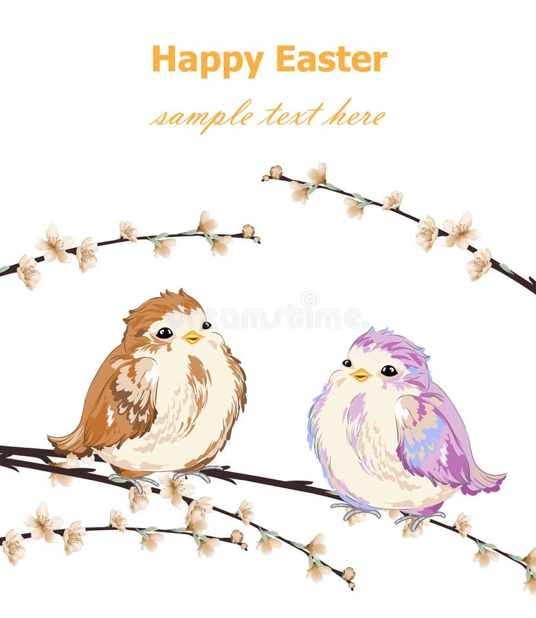 La tarjeta de pascua feliz con los pequeños gorriones lindos modela vector Fondos retros de la primavera del vintage ilustración del vector La tarjeta de pascua feliz con los pequeños gorriones lindos modela vector Fondos retros de la primavera del vintage ilustración del vector