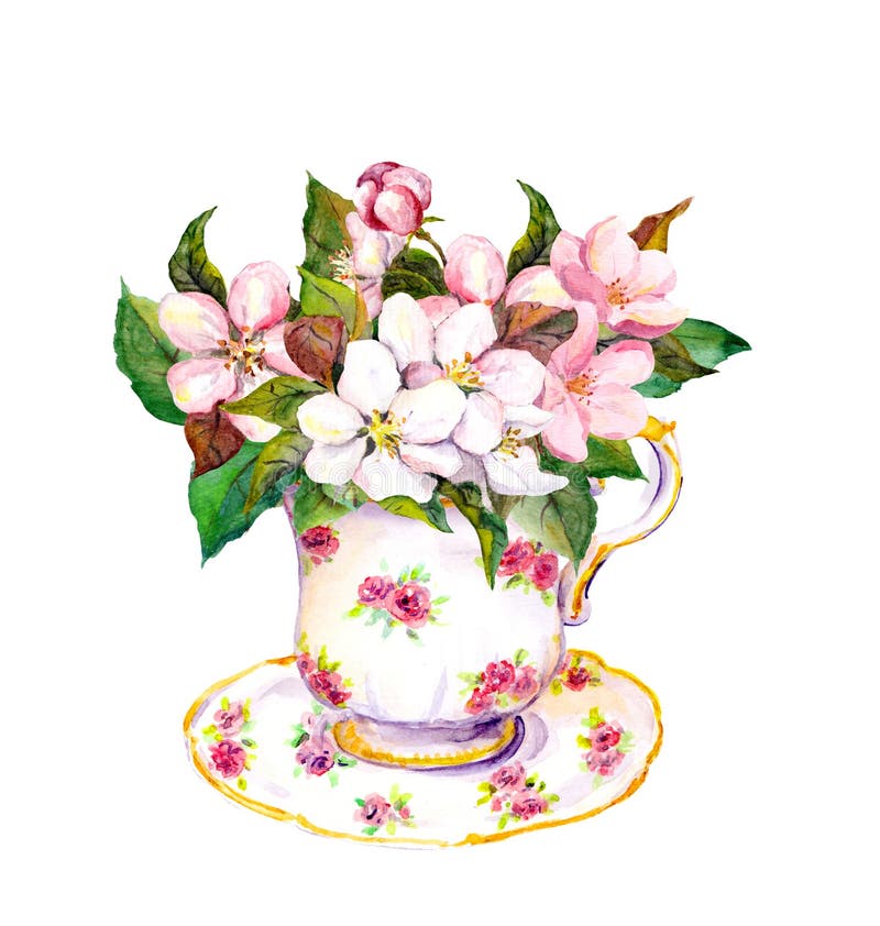La tasse de thé avec le rose de fleur fleurit la cerise, pomme, Sakura watercolor illustration stock La tasse de thé avec le rose de fleur fleurit la cerise, pomme, Sakura watercolor illustration stock