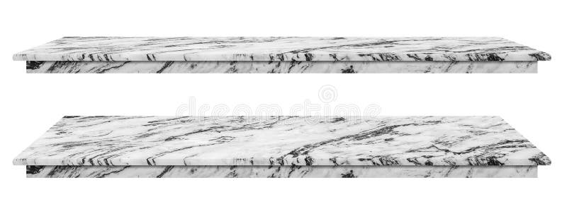 La tavola di marmo, superficie bianca del ripiano, lastra di pietra per i prodotti dell'esposizione isolati su fondo bianco ha pe