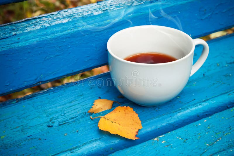 La taza blanca de té está en banco de madera azul viejo foto de archivo La taza blanca de té está en banco de madera azul viejo foto de archivo