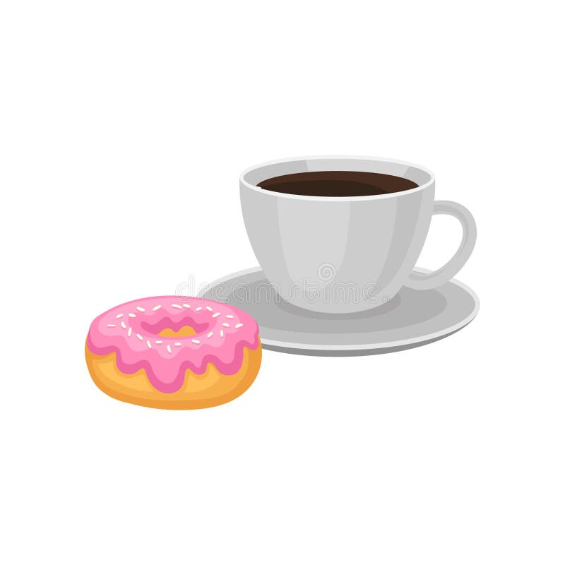 La taza de café sólo fresco y de buñuelo dulce con el esmalte rosado y asperja Vector plano del desayuno apetitoso para el menú o ilustración del vector