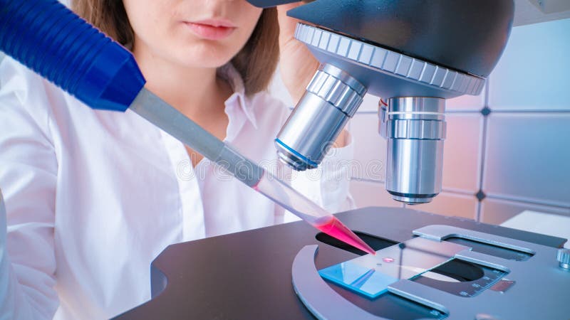 Scientist analyzing microscope slide at laboratory. Young woman technician is examining a histological sample, a biopsy in the laboratory of cancer research,. Scientist analyzing microscope slide at laboratory. Young woman technician is examining a histological sample, a biopsy in the laboratory of cancer research,