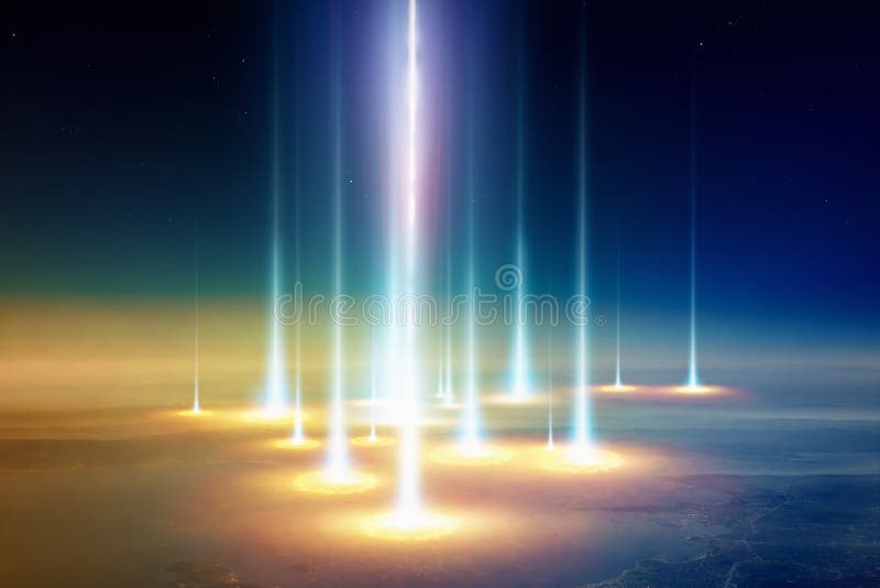La terre de planète est attaquée en le vaisseau spatial extraterrestre photos libres de droits La terre de planète est attaquée en le vaisseau spatial extraterrestre photos libres de droits