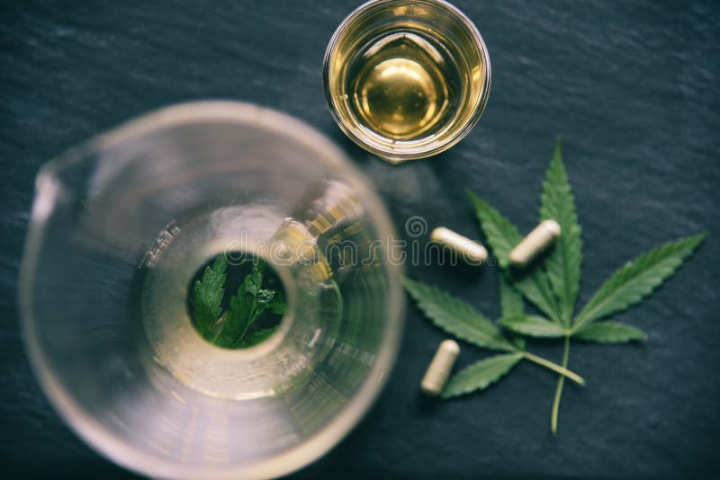 La tisana e la capsula della cannabis della pianta della foglia della marijuana su fondo/su canapa scuri lascia per la sanità med fotografie stock La tisana e la capsula della cannabis della pianta della foglia della marijuana su fondo/su canapa scuri lascia per la sanità med fotografie stock