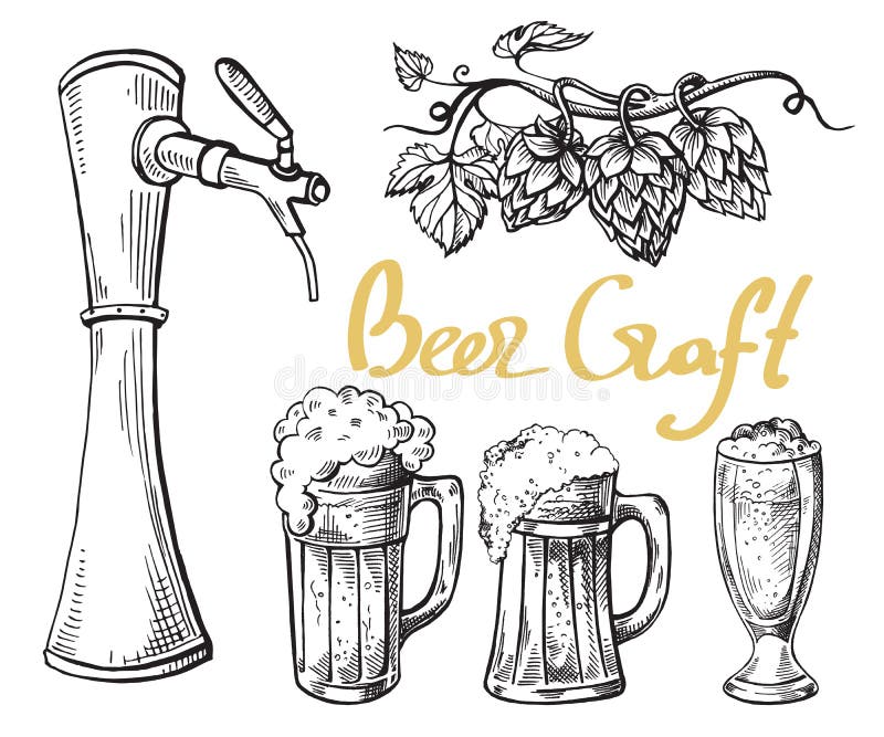 La torre de la cerveza salta taza y vidrio ilustración del vector