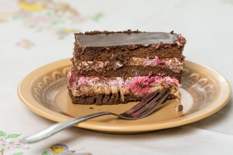 La torta de la fruta con el chocolate sirvió en la placa con la bifurcación en ella fotos de archivo La torta de la fruta con el chocolate sirvió en la placa con la bifurcación en ella fotos de archivo