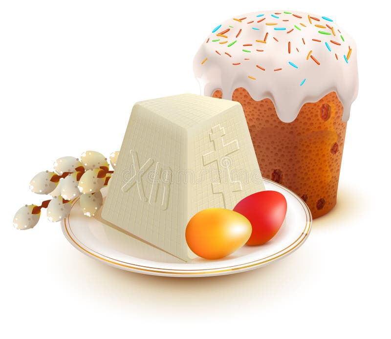 La torta de Pascua del ruso, el requesón, los huevos coloridos y el sauce ramifican libre illustration La torta de Pascua del ruso, el requesón, los huevos coloridos y el sauce ramifican libre illustration