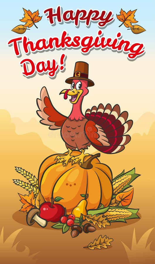 La Turchia felice sulla zucca con le verdure illustrazione di stock La Turchia felice sulla zucca con le verdure illustrazione di stock