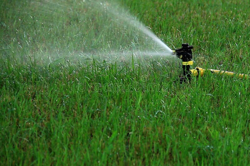 La tête arroseuse irrigue l'herbe photographie stock libre de droits La tête arroseuse irrigue l'herbe photographie stock libre de droits