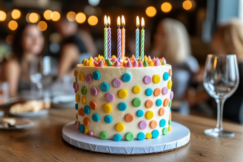 La un restaurant urban se pune o masă cu un tort simplu, dar elegant, cu lumânări și confetti și stock images
