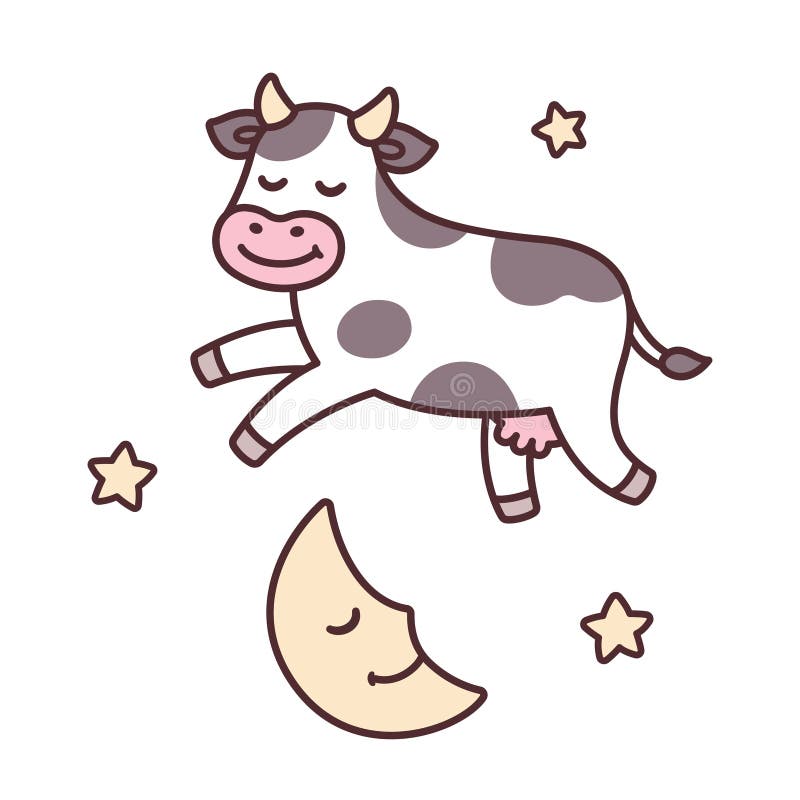 The cow jumped over the moon, from traditional nursery rhyme Hey Diddle Diddle. Cute cartoon vector illustration. The cow jumped over the moon, from traditional nursery rhyme Hey Diddle Diddle. Cute cartoon vector illustration.