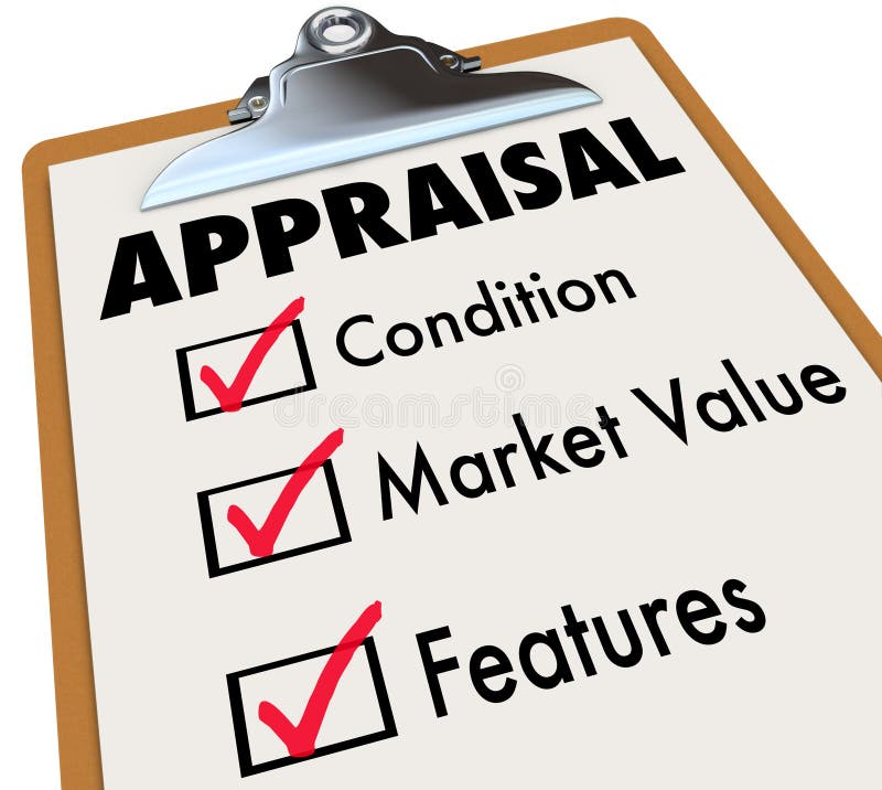 Appraisal word on a clipboard checklist with major assessment factors including condition, market value and features. Appraisal word on a clipboard checklist with major assessment factors including condition, market value and features