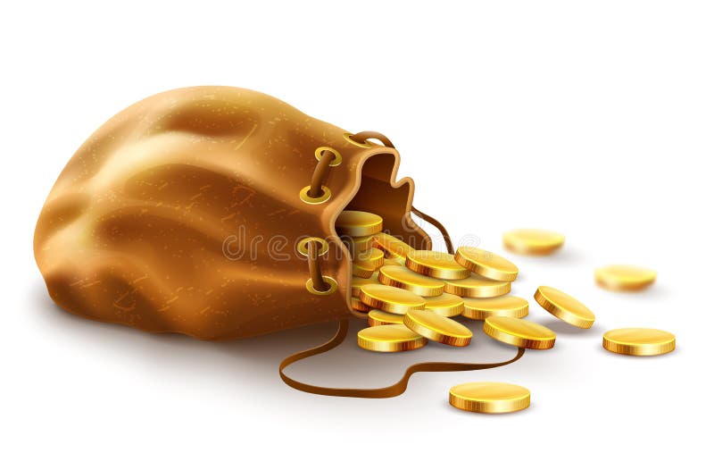 La vecchia borsa del sacco del tessuto ha riempito di soldi delle monete di oro