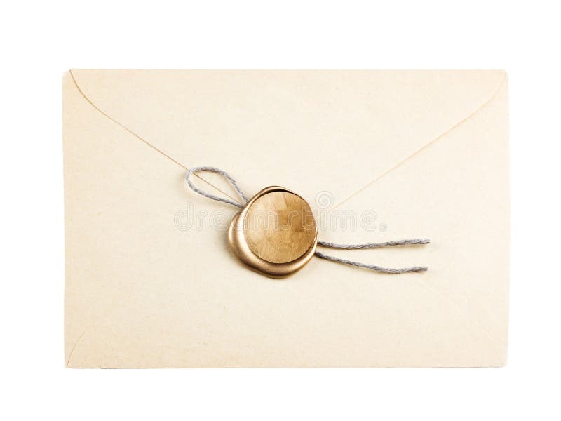 Old mail envelope with gold wax seal stamps isolated on white. Old mail envelope with gold wax seal stamps isolated on white