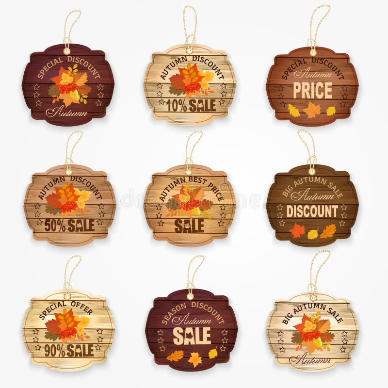 La venta de madera del otoño etiqueta y badges la colección con las hojas de otoño - el mejor precio, venta grande del otoño, ofe ilustración del vector