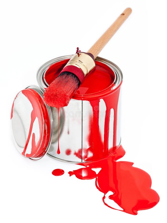 La vernice può con la spazzola della sgocciolatura isolata su bianco immagine stock libera da diritti La vernice può con la spazzola della sgocciolatura isolata su bianco immagine stock libera da diritti